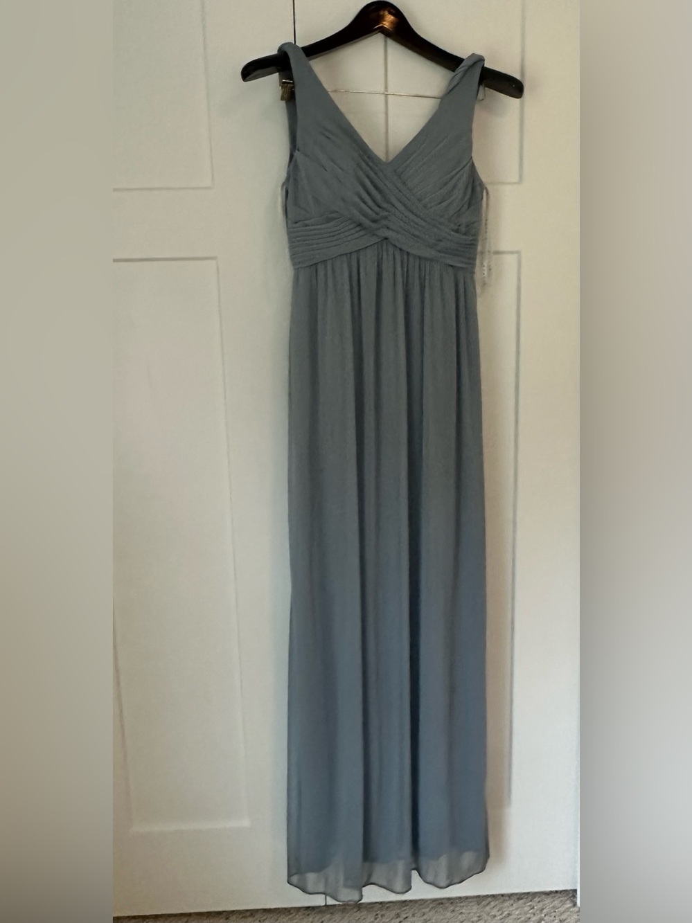 Azazie Slate Blue V‑Neck Chiffon Bridesmaid Dress